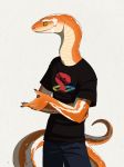  anthro black_shirt clothing drae logo long_neck male orange_scales playstation reptile scales scalie shirt simple_background snake solo standing video_games white_background yellow_eyes 