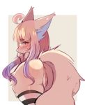  2018 anthro blush butt canine clothing embarrassed female fluffy_ears fox fredek666 hair hand_on_chin legwear looking_at_viewer looking_back mammal mostly_nude pink_hair presenting presenting_hindquarters presenting_pussy pussy pussy_juice rear_view simple_background solo thick_thighs thigh_highs 