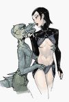  black_hair breasts claws clothing duo fangs female green_scales hair human kobold male mammal nipples pants scales scalie simple_background tealtentacles_(artist) 