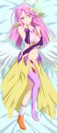  absurdres alfred_cullado angel_wings bed_sheet breasts bridal_gauntlets brown_eyes commentary crop_top dakimakura english_commentary feathered_wings full_body gloves gradient_hair halo highres jibril_(no_game_no_life) large_breasts long_hair looking_at_viewer low_wings lying magic_circle midriff mismatched_legwear multicolored multicolored_eyes multicolored_hair navel no_game_no_life on_back parted_lips pink_hair shoes single_shoe smile solo stomach tattoo very_long_hair wing_ears wings yellow_eyes 