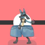  3_fingers 3_toes black_fur blue_fur canine clothing denim_shorts digital_media_(artwork) fur humor lucario m4yson male mammal nintendo oversized_clothing pok&eacute;mon pok&eacute;mon_(species) shorts solo spikes toes video_games 