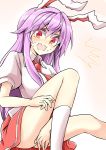  aki_chimaki animal_ears bangs blouse blush bobby_socks bunny_ears collared_blouse collared_shirt commentary_request covering covering_crotch highres lavender_hair long_hair looking_at_viewer necktie pink_skirt pleated_skirt puffy_short_sleeves puffy_sleeves purple_hair red_eyes red_neckwear reisen_udongein_inaba shirt short_sleeves skirt socks solo touhou very_long_hair wavy_mouth white_blouse white_legwear 