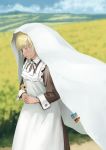  apron bed_sheet blonde_hair blurry clothes_pin day depth_of_field flower highres holding holding_flower maid maid_apron monono_fumeme original outdoors solo yellow_eyes 