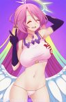  angel_wings anna_lee arm_behind_head breasts closed_eyes feathered_wings gloves gradient_hair halo jibril_(no_game_no_life) large_breasts long_hair low_wings magic_circle midriff multicolored_hair navel no_game_no_life open_mouth panties pink_hair smile solo stomach underwear v very_long_hair white_panties white_wings wing_ears wings 