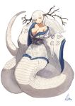  breasts cleavage full_body head_tilt highres horns japanese_clothes kimono lamia lansane long_hair looking_at_viewer medium_breasts monster_girl obi off_shoulder original red_eyes sash scales signature simple_background sleeves_past_fingers sleeves_past_wrists smile solo white_background white_hair wide_sleeves 