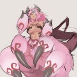  absurdres alternate_color animal_ears arachne blindfold breasts commentary commission cow_ears english_commentary eyepatch fur grey_background hands_up highres horns insect_girl large_breasts light_smile long_hair looking_at_viewer monster_girl monster_girl_encyclopedia navel norasuko nude one_eye_covered parted_lips paws pink pink_eyes pink_fur pink_hair simple_background sketch smile solo spider_girl tail tattoo ushi-oni_(monster_girl_encyclopedia) 