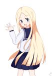  :d abigail_williams_(fate/grand_order) arm_up bangs blonde_hair blue_eyes blue_sailor_collar blue_skirt blush commentary_request cowboy_shot eyebrows_visible_through_hair fate/grand_order fate_(series) forehead from_behind highres kujou_karasuma long_hair looking_at_viewer looking_back open_mouth parted_bangs pleated_skirt sailor_collar signature skirt smile solo very_long_hair white_background 