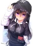  1girl black_cap black_clothing black_hair blush breasts cap highres large_breasts lens_flare long_hair long_sleeves looking_at_viewer mokufuu original pullover purple_eyes solo speech_bubble twitter_username upper_body white_background 
