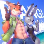  2018 abs anthro beach canine clothed clothing disney duo english_text eyewear female finger_gun fox hi_res judy_hopps lagomorph male mammal muscular muscular_male nick_wilde one-piece_swimsuit one_eye_closed open_shirt pecs pubes rabbit raizinndx sea seaside sunglasses swimsuit text water wink zootopia 