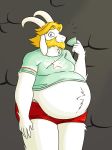  anthro asgore_dreemurr beard belly big_belly boss_monster caprine chubfurclub clothed clothing facial_hair fur goat grey_background hair hi_res horn long_hair male mammal monster obese overweight partially_clothed simple_background solo tight_clothing undertale video_games white_fur 