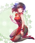  1girl china_dress chinese_clothes cleavage_cutout commentary double_bun dress floral_print high_heels highres iesupa red_dress red_hair rose_print ruby_rose rwby silver_eyes sleeve_cuffs solo thighhighs 