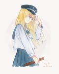  2018 blonde_hair blue_eyes dated hat long_hair looking_down male_focus midare_toushirou otoko_no_ko pleated_skirt school_uniform serafuku siya_ho skirt solo touken_ranbu 