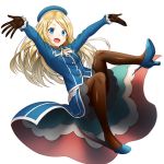  :d arms_up atago_(kantai_collection) atago_(kantai_collection)_(cosplay) beret black_gloves blonde_hair blue_eyes blue_footwear blush brown_legwear commentary_request cosplay frilled_sleeves frills full_body gloves hat high_heels jervis_(kantai_collection) kantai_collection kyon_(fuuran) long_hair long_sleeves looking_at_viewer military military_uniform open_mouth outstretched_arms pantyhose seiyuu_connection simple_background smile solo touyama_nao uniform white_background 