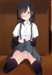  1girl arm_warmers asashio_(kantai_collection) bangs black_hair black_legwear black_skirt blue_eyes blush breath censored embarrassed eyebrows_visible_through_hair female full_body hands_up highres indoors kantai_collection kiyomin kneeling lifted_by_self long_hair looking_at_viewer mosaic_censoring no_panties nose_blush one_eye_closed pleated_skirt pussy shiny shiny_hair shirt short_sleeves sirt sitting skirt_lift solo spread_legs suspenders sweat tears thighhighs trembling upskirt white_shirt 