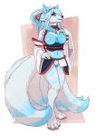  2018 4_toes 5_fingers anthro barefoot blue_hair blue_nose breasts canine clothed clothing digital_media_(artwork) female fox hair mammal midriff navel nipples red_eyes shalinka smile solo toes 