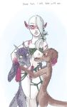  breasts brown_scalies dialogue elf english_text female green_eyes group hair horn hug humanoid kobold male nipples nude orange_eyes purple_scales red_eyes scales scalie simple_background tealtentacles_(artist) text white_hair 