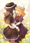  belt black_belt black_capelet black_skirt blonde_hair bow bowtie breasts brown_eyes brown_hair brown_hat capelet commentary_request cowboy_shot dress eye_contact eyebrows_visible_through_hair eyes_visible_through_hair fedora field flower flower_field hair_between_eyes hat highres holding_hands interlocked_fingers long_hair long_sleeves looking_at_another maribel_hearn medium_breasts mob_cap multiple_girls parted_lips petticoat profile puffy_short_sleeves puffy_sleeves purple_dress red_bow red_neckwear rin_falcon sash shirt short_sleeves skirt smile standing touhou usami_renko white_flower white_hat white_sash white_shirt white_sleeves yellow_eyes yuri 