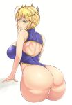  absurdres ahoge arched_back artoria_pendragon_(all) artoria_pendragon_(lancer) ass back back_cutout bare_arms bare_shoulders blonde_hair braid breasts crown fate/grand_order fate_(series) french_braid from_behind green_eyes hair_between_eyes highres hometa huge_ass large_breasts looking_back sideboob sidelocks solo sweatdrop thick_thighs thighs 