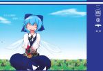  blue_hair bouquet bow cirno comic cover cover_page doujin_cover fairy field flower flower_field hair_bow ice ice_wings non_(nuebako) short_hair short_sleeves skirt touhou vest wings 