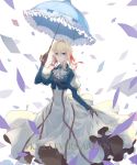  artist_name ascot blonde_hair blue_eyes braid brooch character_name cropped_jacket hair_ribbon highres holding holding_umbrella jewelry juliet_sleeves long_hair long_sleeves open_mouth parasol puffy_sleeves ribbon shiroki skirt_hold solo umbrella violet_evergarden violet_evergarden_(character) 