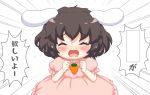  ^_^ animal_ears bangs bebeneko black_hair blush bunny_ears carrot_necklace check_translation chibi clenched_hands closed_eyes commentary_request crying dress emphasis_lines exploitable eyebrows_visible_through_hair inaba_tewi open_mouth partially_translated pink_dress puffy_short_sleeves puffy_sleeves short_hair short_sleeves shouting simple_background solo speech_bubble tears touhou translation_request upper_body white_background 