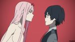  1boy 1girl bangs black_hair blue_eyes breasts caydee-6 clothed_male_nude_female couple darling_in_the_franxx facing_another fringe from_side green_eyes hetero hiro_(darling_in_the_franxx) horns large_breasts long_hair looking_at_another military military_uniform necktie nude oni_horns pink_hair red_horns red_neckwear short_hair uniform zero_two_(darling_in_the_franxx) 