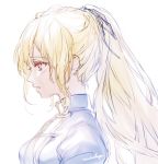  alternate_costume artist_name bangs blonde_hair blue_shirt blush commentary_request from_side granblue_fantasy hair_ribbon high_collar high_ponytail highres michudx pink_eyes ponytail profile ribbon shirt sidelocks sketch vira_lilie 