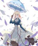  artist_name ascot blonde_hair blue_eyes braid brooch character_name cropped_jacket hair_ribbon highres holding holding_umbrella jewelry juliet_sleeves light_smile long_hair long_sleeves parasol puffy_sleeves ribbon shiroki skirt_hold solo tears umbrella violet_evergarden violet_evergarden_(character) 