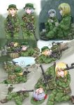  2girls 3+_boys blonde_hair blood blood_on_face brown_eyes death dutchko empty_eyes green_eyes gun gun_to_head guro military_uniform multiple_boys multiple_girls multiple_views open_mouth shooting silver_hair 