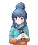  1girl absurdres blue_hair commentary hair_bun highres holding jacket jitome looking_at_viewer pinecone purple_eyes scarf shima_rin solo upper_body white_background yunyunmaru yurucamp 