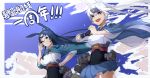  :d adjusting_eyewear animal_ears azur_lane blue_eyes blue_hair blue_sky bunny_ears cloud cloudy_sky commentary_request dark_blue_hair day glasses gloves hand_on_hip headband hiryuu_(azur_lane) long_hair looking_at_viewer multiple_girls open_mouth single_glove sky smile souryuu_(azur_lane) translation_request white_hair wide_sleeves xiujia_yihuizi 