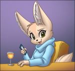  aggressive_retsuko alcohol anthro beverage canine cellphone clothing female fennec fenneko fox green_eyes inner_ear_fluff looking_at_viewer mammal open_mouth phone sanrio sidnithefox smile solo sweater wine wine_glass 