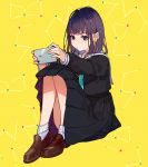  bangs black_hair black_serafuku cellphone commentary earbuds earphones hair_ornament highres loafers long_hair long_skirt original phone pleated_skirt purple_eyes school_uniform serafuku shoes sitting skirt smartphone socks uniform white_legwear yellow_background yuu_(higashi_no_penguin) 