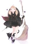 ahoge ama_mitsuki bangs bare_legs black_cat black_dress black_footwear black_gloves blonde_hair blue_eyes blush broom bug butterfly cape cat choker commentary_request dress eyebrows_visible_through_hair gloves heart heart_choker holding holding_wand insect long_hair long_sleeves looking_at_viewer low_twintails md5_mismatch open_mouth open_toe_shoes original simple_background solo twintails wand white_background 
