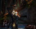  anthro archer argonian back_muscles bathing biceps blood_on_arm blood_on_face bulge cervine clothed clothing corpse crouching death detailed detailed_background elf forest hand_behind_head horn humanoid log loincloth male mammal muscular muscular_male namirj partially_clothed pond raised_arm rear_view scalie solo_focus standing sunlight the_elder_scrolls tree video_games warrior wood 
