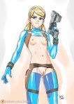  1girl 2018 adapted_costume areolae artist_name blonde_hair blue_eyes breasts clitoris finger_on_trigger gun metroid mole mole_under_mouth navel nintendo nipples patreon pussy samus_aran small_breasts solo tekuho_no_habo uncensored weapon web_address zero_suit 