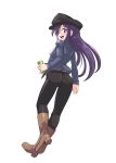  :d ass belt bichosan black_pants blush boots brown_footwear burn_scar can casual commentary full_body hair_over_one_eye hat highres holding holding_can ikezawa_hanako katawa_shoujo long_hair looking_at_viewer looking_back open_mouth pants purple_eyes purple_hair scar simple_background smile solo white_background 