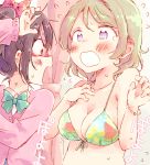  10s 2girls bikini black_hair blush bow breasts brown_hair cleavage flying_sweatdrops food_print hair_bow koizumi_hanayo looking_at_breasts love_live! love_live!_school_idol_project medium_breasts medium_hair motion_lines multiple_girls nekokun open_mouth otonokizaka_school_uniform purple_eyes red_eyes school_uniform standing sweat swimsuit tears tied_hair translation_request upper_body watermelon_print yazawa_nico 