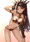  arm_up armlet bangs black_hair blush bra breasts bridal_gauntlets commentary detached_collar detached_sleeves earrings eyebrows_visible_through_hair fate/grand_order fate_(series) gradient gradient_background hair_ribbon hand_in_hair highres hips hoop_earrings ishtar_(fate/grand_order) jewelry long_hair looking_at_viewer mashu_003 medium_breasts navel neck_ring panties parted_bangs red_eyes ribbon single_sleeve smile solo thighs tiara two_side_up underwear yellow_bra yellow_panties 