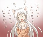  :d animal_ears bakemonogatari black_hanekawa blush breasts cat_ears cleavage closed_eyes commentary_request fangs hanekawa_tsubasa kyuutou_(kyuutouryuu) long_hair medium_breasts monogatari_(series) open_mouth pajamas smile solo very_long_hair white_hair 