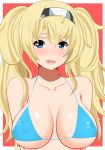  blonde_hair blue_bikini_top blue_eyes breasts breasts_apart collarbone commentary gambier_bay_(kantai_collection) hair_between_eyes hairband hifumi_kei highres kantai_collection large_breasts long_hair looking_at_viewer solo twintails wavy_mouth 