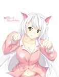  animal_ears animal_print bakemonogatari black_hanekawa breasts brown_eyes cat_ears cat_print character_name cleavage commentary_request fang hanekawa_tsubasa highres large_breasts long_hair looking_at_viewer monogatari_(series) navel nekomonogatari pajamas paw_pose print_pajamas silver_hair slit_pupils solo very_long_hair yellow_eyes yossui 