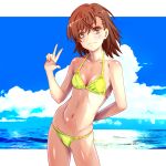  bikini blush breasts brown_eyes brown_hair cameltoe looking_at_viewer misaka_mikoto nike_(0306) small_breasts smile solo swimsuit to_aru_kagaku_no_railgun to_aru_majutsu_no_index v 