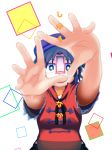  bare_arms beret black_eyes black_hair blurry collared_shirt commentary_request cover cover_page depth_of_field doujin_cover hands_up hat highres looking_at_viewer miyako_yoshika ofuda open_mouth outstretched_arms purple_hat red_shirt shikushiku_(amamori_weekly) shirt short_hair short_sleeves solo title touhou upper_body white_pupils 