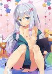  1girl aqua_jacket bangs bare_shoulders bed bed_frame bed_sheet between_legs blue_bow bow bow_panties breasts closed_mouth eromanga_sensei eyebrows_visible_through_hair feet_out_of_frame hair_bow hand_between_legs head_tilt highres holding izumi_sagiri jacket knees_up long_hair long_sleeves looking_at_viewer low-tied_long_hair naked_coat necktie nipples no_bra off_shoulder on_bed open_clothes open_jacket page_number panties panties_around_leg pink_bow purple_eyes red_neckwear scan shiny shiny_skin sidelocks silver_hair sitting sleeves_past_wrists small_breasts smile solo star striped striped_panties stuffed_animal stuffed_octopus stuffed_toy stylus tareme teddy_bear underwear very_long_hair yuuki_hagure 