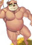  2018 anthro balls bear belly blush brown_fur eyewear fur glasses gohgw male mammal moobs nipples overweight overweight_male penis simple_background solo tokyo_afterschool_summoners volos white_background 