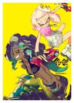  &gt;:) 2girls ^_^ bare_arms bare_legs black_gloves closed_eyes closed_mouth collared_vest commentary_request crop_top cropped_vest crown dapple_dualies_(splatoon) dark_skin domino_mask dress dual_wielding fingerless_gloves gloves green_hair green_skin grin headphones heavy_splatling_(splatoon) high_collar hime_(splatoon) holding holding_weapon iida_(splatoon) leaning_forward long_hair mask medium_hair midair midriff mole mole_under_mouth multicolored multicolored_hair multicolored_skin multiple_girls navel navel_piercing octarian outstretched_arms piercing pink_hair pointy_ears purple_eyes shoes short_dress shorts simple_background smile splatoon_(series) splatoon_2 spread_arms standing stomach suction_cups tentacle_hair twitter_username two-tone_hair unzipped uyori v-shaped_eyebrows very_long_hair weapon white_dress white_footwear yellow_background yellow_eyes zipper zipper_pull_tab 