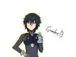  1boy bangs black_bodysuit black_hair blue_eyes bodysuit darling_in_the_franxx eyebrows_visible_through_hair gloves grardox grey_gloves hand_up hiro_(darling_in_the_franxx) looking_at_viewer male_focus pilot_suit short_hair signature solo 