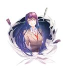  :d absurdres commentary constricted_pupils crazy_eyes doki_doki_literature_club english_commentary grin hair_between_eyes hair_ornament hairclip highres long_hair looking_at_viewer miwerjooggetser open_mouth paper purple_eyes purple_hair school_uniform self_hug smile solo tears teeth transparent_background yuri_(doki_doki_literature_club) 