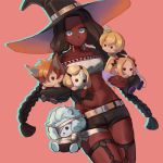  1girl abigail_williams_(fate/grand_order) billy_the_kid_(fate/grand_order) black_hat black_legwear black_shorts blue_eyes breasts character_doll character_request collarbone dark_skin dilaih doll fate/grand_order fate_(series) geronimo_(fate/grand_order) halloween hat holding holding_doll lobo_(fate/grand_order) long_hair looking_at_viewer navel pink_background short_shorts shorts small_breasts standing twintails very_long_hair witch_hat 